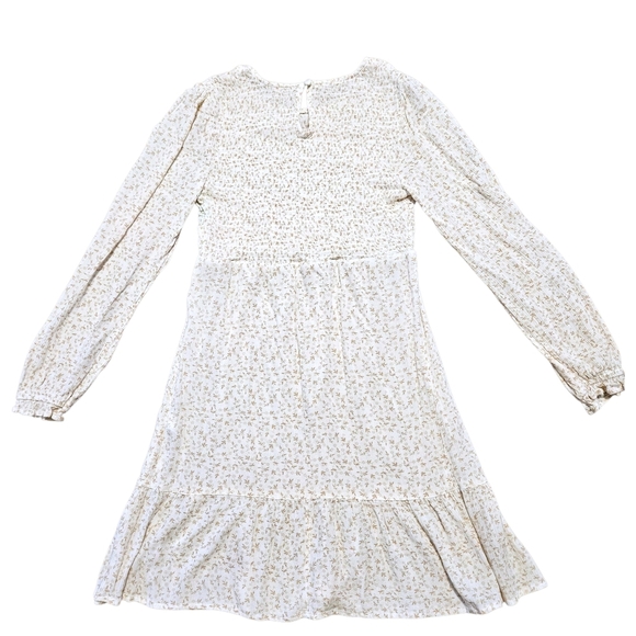 Boho Floral Smocked Mini Dress Beige Prairie Core Ruffle Hem XS Long Sleeve - Picture 5 of 11
